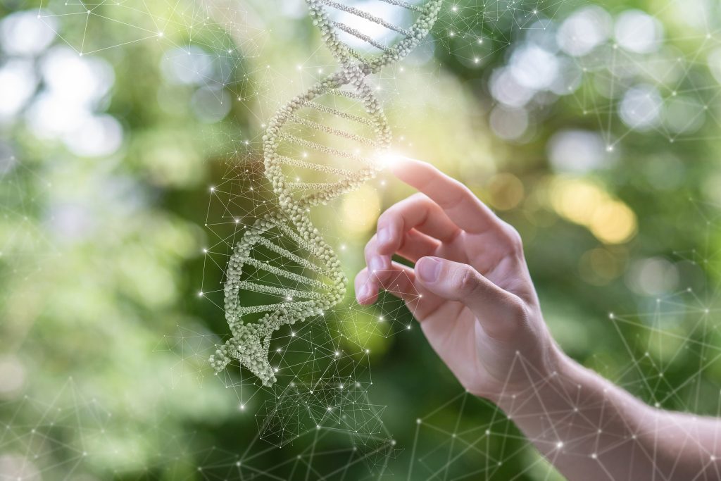 Dna Molecule Research Concept. Dna Molecule Clicks On A Blurred